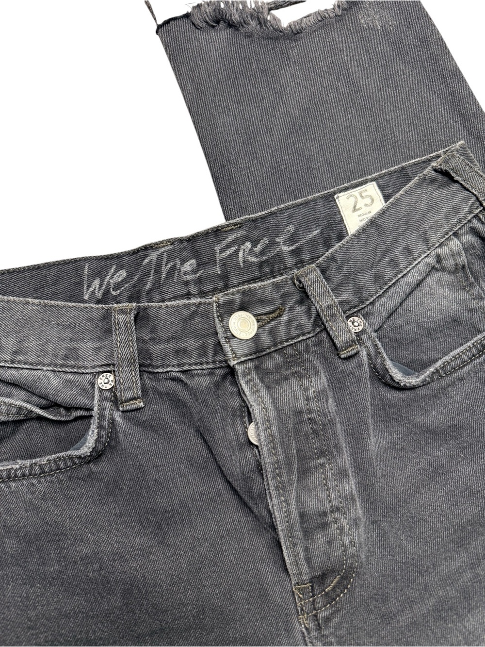 We The Free Black Distressed Straight Crop Jeans Women’s 25 Raw Hem 100% Cotton - Picture 4 of 9